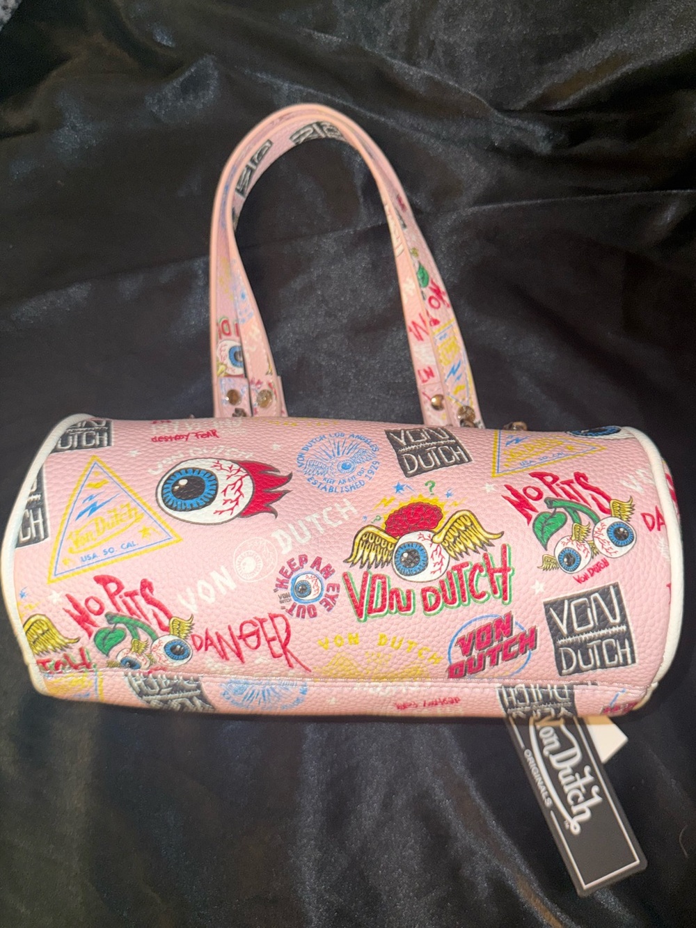 Von Dutch Pink Graphic Barrel Tote with Eye Motif